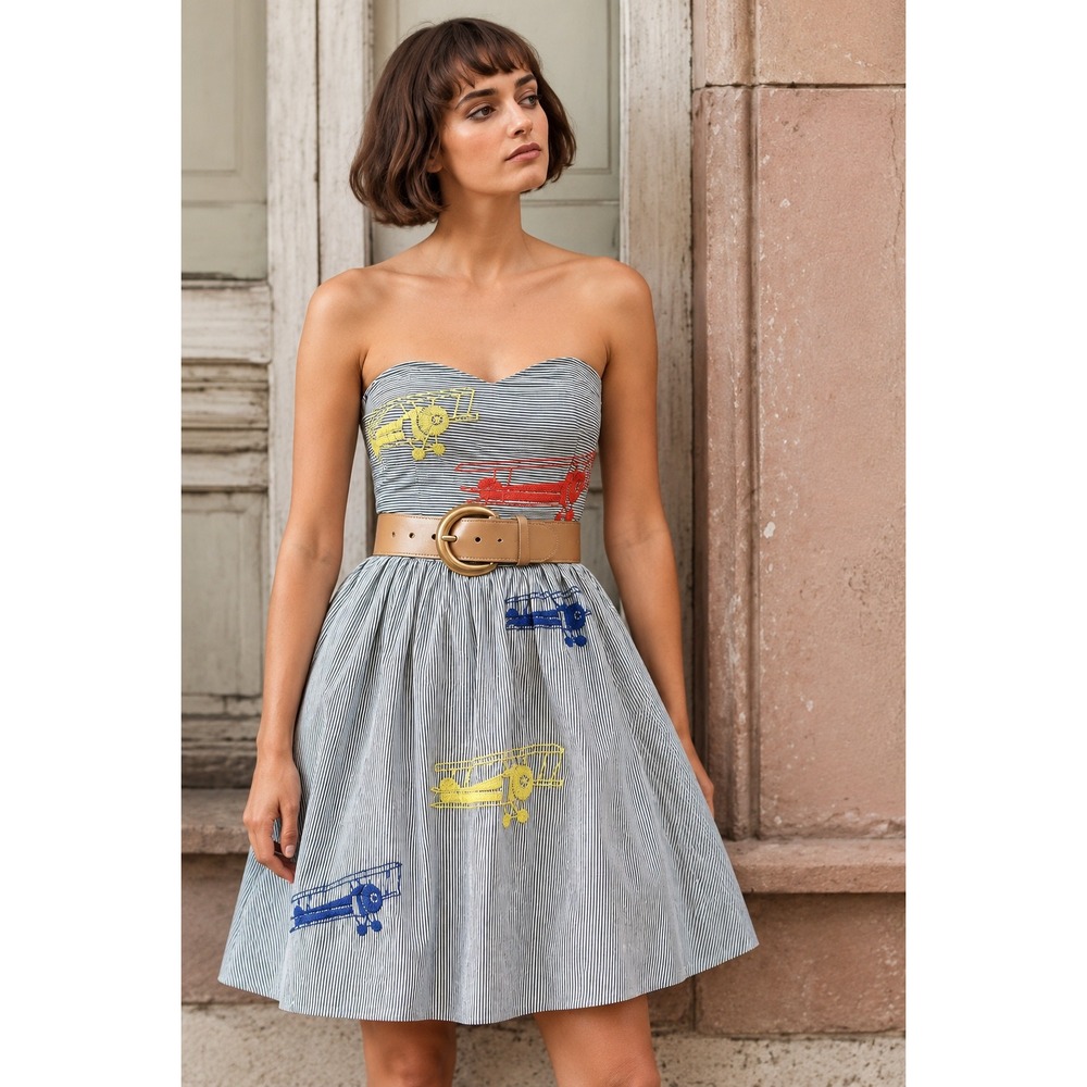 Anthropologie Moulinette Soeurs Wright Airplane Dress Strapless Embroidered 8